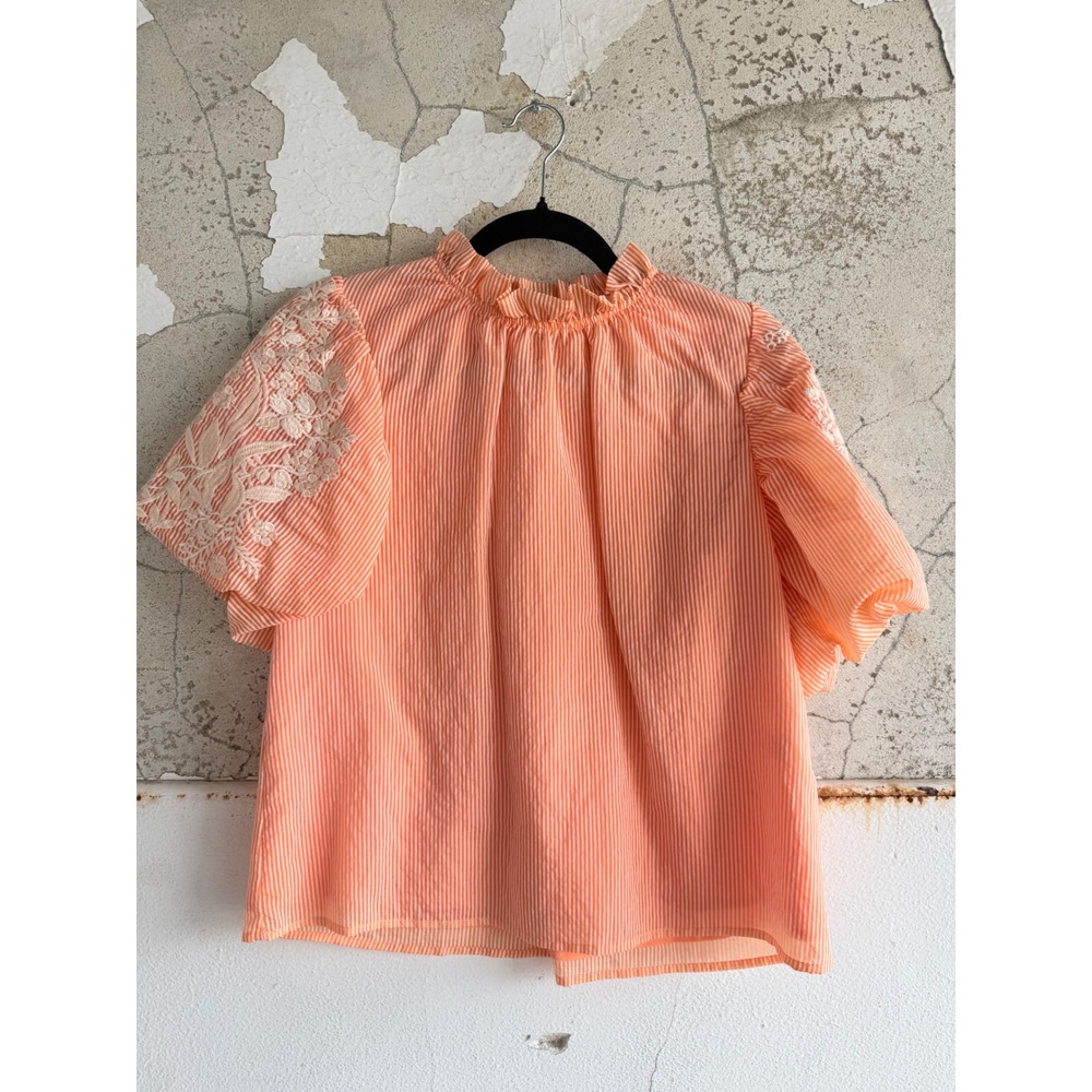 THML Puff Sleeve Top Floral Embroidered‎ Striped Boho Seersucker Blouse Women S